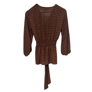 Max Studio Womens Brown Geometric Print V-Neck‎ Tie Front Smocked Blouse Medium thumbnail 2