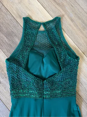 Sherri Hill Teal Beaded Halter Prom Gown with Side Slit thumbnail 9
