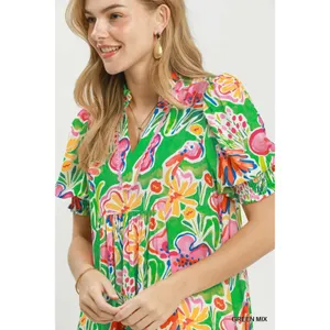 Umgee Floral Print Puff Sleeve Tiered Midi Dress - Green Mix - Small thumbnail 5