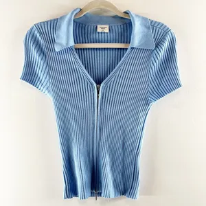 Abercrombie & Fitch Short Sleeve Double Zip Up Collared Polo Sweater Blue Medium thumbnail 1