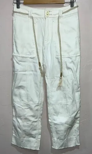ANTHROPOLOGIE White Canvas Denim High Rise Belted Straight Crop Jeans 25 thumbnail 1