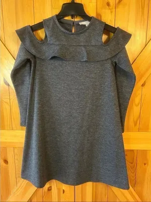 Loft Cold Shoulder Long Sleeve Charcoal Sweater Dress Ruffle Accents Size XS (57 thumbnail 1