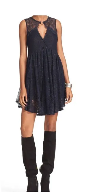 Free People Don't You Dare Lace Mini Dress Open Back Black Combo‎ Size Small NWT thumbnail 1