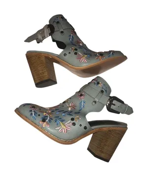 Western Mule Size 7 Blue Embroidered Chunky Block Heel Studded Ankle Strap Vegan thumbnail 1