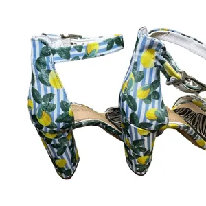 Gianni Bini Joenah Lemon Print Ankle Strap Block Heel Sandals Size 6 Blue White thumbnail 5
