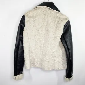 FC Jeans Women Faux Fur Lined Moto‎ Jacket Black Cream Sz 6 Sherpa Vegan Leather thumbnail 2
