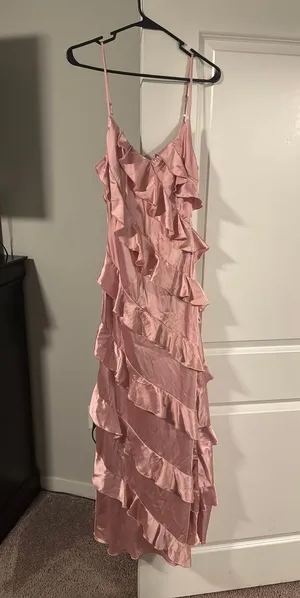 Petal & pup pink satin ruffle dress thumbnail 1