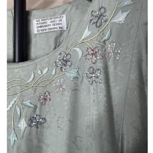 Karin Stevens Vintage 90s Sage Green Floral Damask Embroidered Maxi Dress‎ Large thumbnail 3