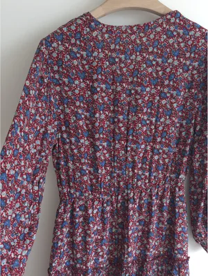 Lucky Brand Floral Mini Dress Burgundy Blue Boho Long Sleeve Size M thumbnail 7