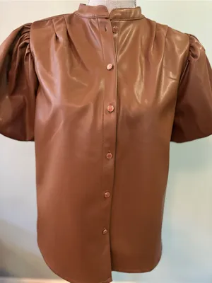 Industry Republic Clothing Brown Faux Leather Puff Sleeve Button-Down Top thumbnail 1