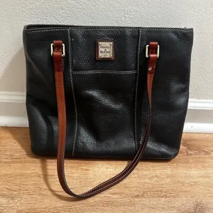 Dooney & Bourke Black Pebbled Leather Tote Bag Cognac Trim Shoulder Bag thumbnail 1