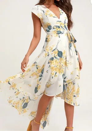 Lulus French Countryside White and Yellow Floral Print High-Low Dress Size XL thumbnail 1