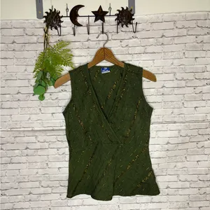 Vintage Cotton Green Striped Surplice Boho Sleeveless Top thumbnail 2