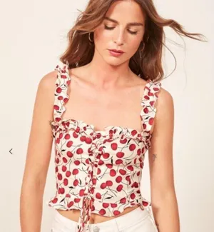 Reformation Bayley Cherry Linen Tank Top Lace Up Corset Ruffle Size 12 Coquette thumbnail 3
