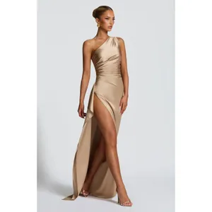 NWT Babyboo Ariel Champagne Gold Satin One Shoulder Formal Maxi Dress Size Small thumbnail 2