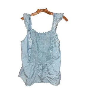 Old navy light wash smocked square neck flutter sleeve peplum top Large #741 thumbnail 2