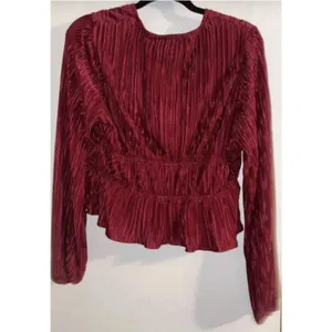 Lulus Luxe Designs Wine Red Plisse Satin Long Sleeve Tie-Front Top Sold Out thumbnail 4
