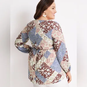 Maurice’s plus long sleeve boho patchwork smocked peplum top size 1X thumbnail 2