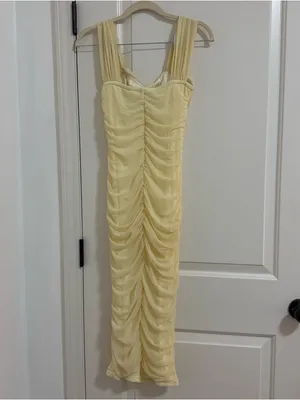 Sleeveless Pale Yellow Ruched Chiffon Midi Dress thumbnail 3