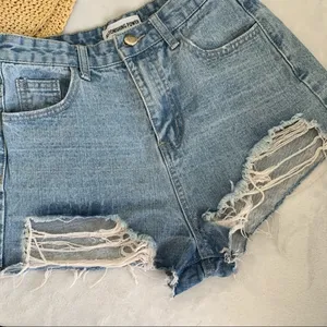 ASTONISHING denim destroyed Jean shorts size 27 Cheeky light blue beach boho thumbnail 5