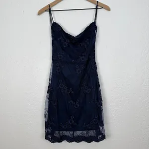 Lucy in the Sky Navy Blue Floral Mesh Open Back Mini Dress Size Large thumbnail 2