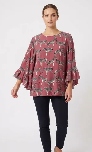 World Market Zebra Print Ruffle Bell Sleeve Blouse Mauve Pink L/XL thumbnail 1