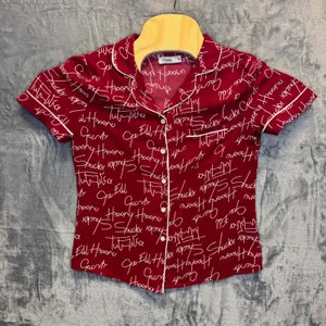 2092‎ | Script Print Two Piece Button Down Pajama Set Red White Women Small thumbnail 2
