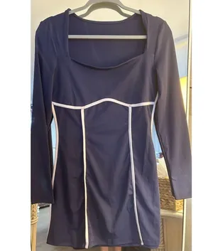 NEW Navy Blue Long Sleeve Square Neck Bodycon Side Slit Mini Dress M thumbnail 4
