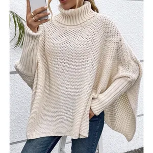 Shein Womens Turtleneck Batwing Sleeve Knit Poncho Size 6 Beige Sweater Relaxed thumbnail 3