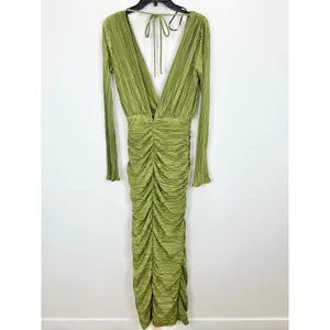 Lulus Seren Olive Green Plisse Surplice Maxi Dress Formal Long Sleeve Small NWT thumbnail 9