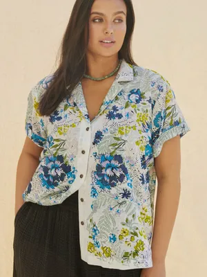 Anthropologie Printed Surf Shirt Short Sleeve Button Down Blue Floral Sz Large thumbnail 1