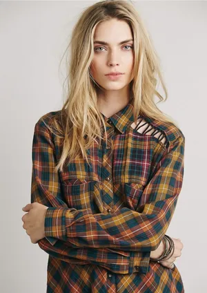 FREE PEOPLE Shoulder Cutout Plaid Shirt thumbnail 1