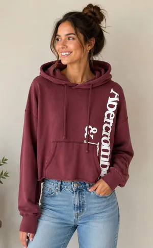 Abercrombie & Fitch Burgundy Cropped‎ Logo Hoodie Sweatshirt Medium Boxy Raw Hem thumbnail 1