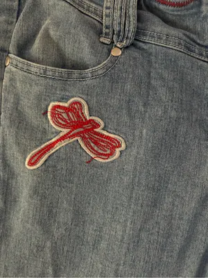 Women's Blue Flare Jeans with Red Dragonfly Patch Size undefined thumbnail 3