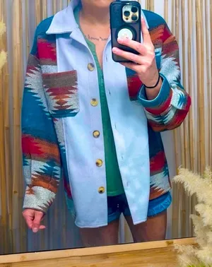 Boho Aztec Shacket Oversized Button Down Blue thumbnail 1