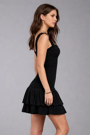 American Eagle Black Smocked Mini Dress Ruffle Hem Sleeveless Size Large thumbnail 3