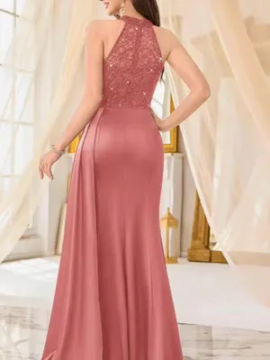 Miusol Rose Pink Halter Satin Prom Gown with Sequin Bodice thumbnail 3