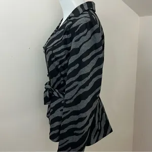 Sandro Sportswear Zebra Print Belted Blazer Jacket Black Gray L thumbnail 2