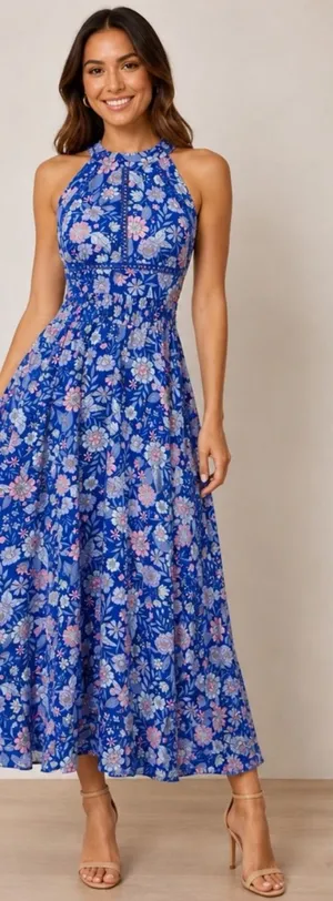 Abel the Label Bluebell Floral Halter Tie Back Full Skirt Maxi Dress XSmall thumbnail 1