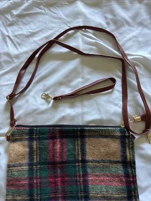 Plaid Wool Crossbody or Wristlet Bag with Brown Leather Tassel Zipper Pull thumbnail 4