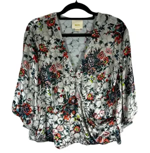 Maeve Anthropologie Burnout Velvet Silk Blend Floral Wrap Top Silver Grey‎ Large thumbnail 1