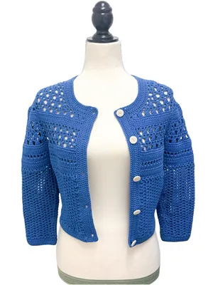 Amour Vert Blue Crochet Open Knit 3/4 Sleeve Cropped Cardigan Sweater Small thumbnail 3