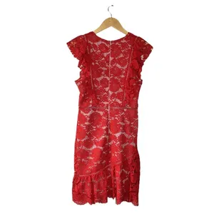 Lace Dress Women Small Red Excellent Flutter Sleeve Tiered Ruffle Mini thumbnail 4