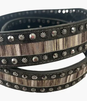 Black Leather Belt with Silver and Bronze Embellishment - No Buckle thumbnail 1