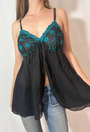 Black and Turquoise Lacey Floral Babydoll Slip thumbnail 1