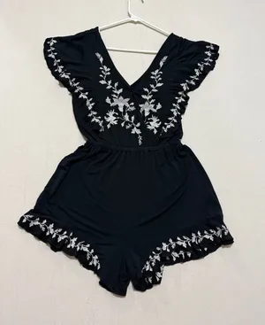 American Eagle Outfitters Black Romper with White Floral Embroidery Accents thumbnail 1