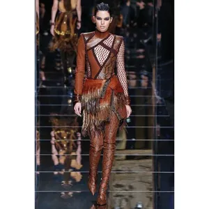 Balmain F17 Runway Skirt Brown Tribal Lamb Leather Fringe Brass Kendall Jenner thumbnail 2
