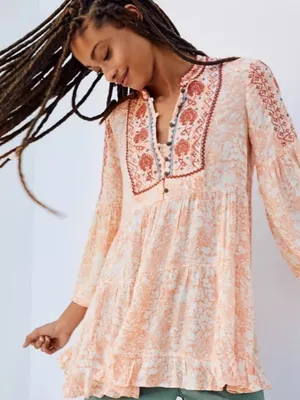 Anthropologie Peach Embroidered Babydoll Tunic Boho Western Festival blouse thumbnail 1