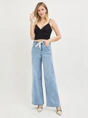 RISEN Light Wash Wide Leg Jeans Elastic Cinch Tie Waist Slouchy Various NEW thumbnail 2