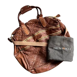 Bruno Magli Brown Woven Leather Duffle Satchel Travel Bag Made Italy Y2K thumbnail 1
